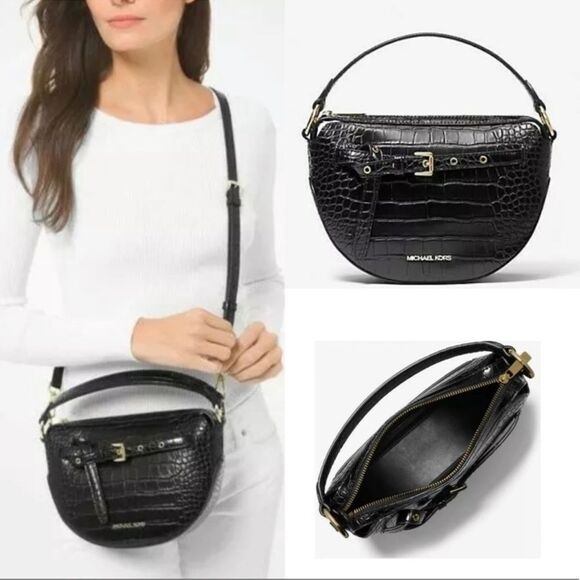 MICHAEL KORS EMILIA Half Moon Small Saddle Shoulder Crossbody Bag In BLACK - Picture 2 of 8